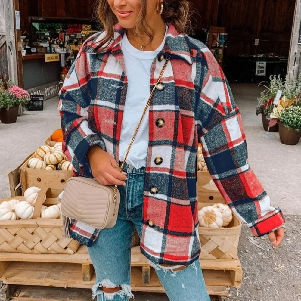 Oversized Plaid Flannel Shacket Jacket Casual Button-Down Long Sleeve Coat